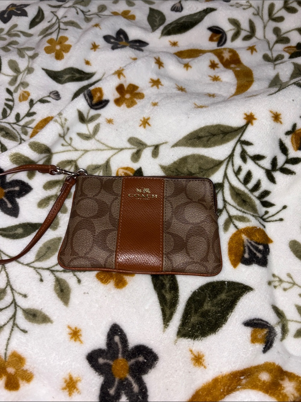 Coach Brown Signature Canvas Wristlet with Leather Trim